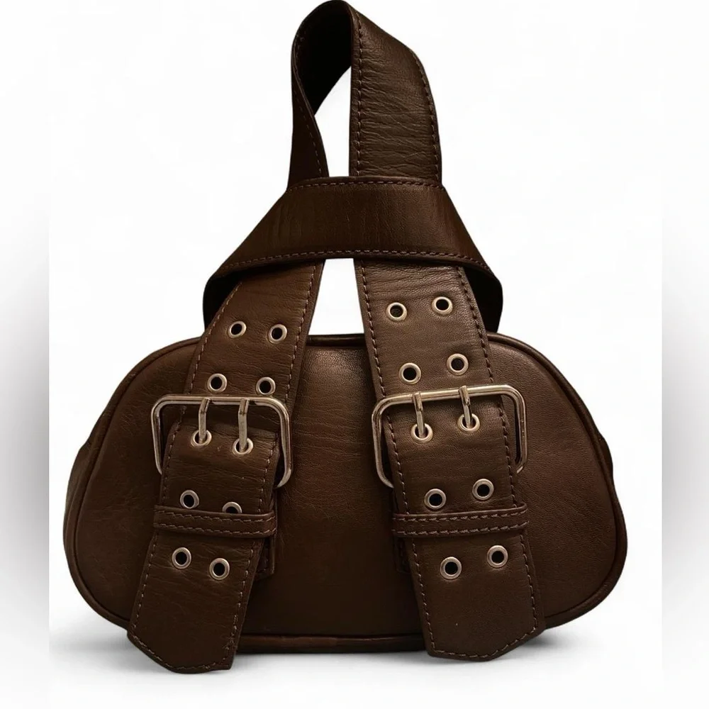 Free People Say Yes Bag Mini Chocolate Brown Leather Buckle Accents Boho Chic - Picture 2 of 8